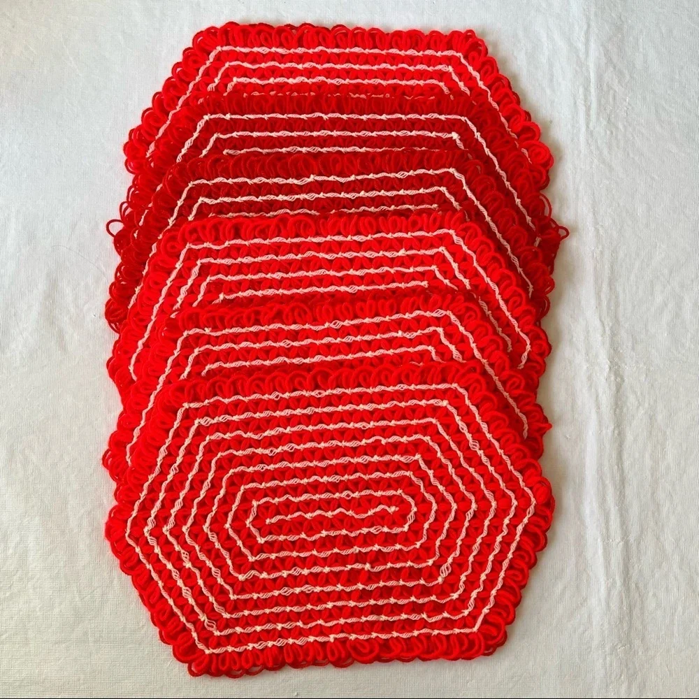 Vintage Crochet Neon Orange Red Placemats Set of 6